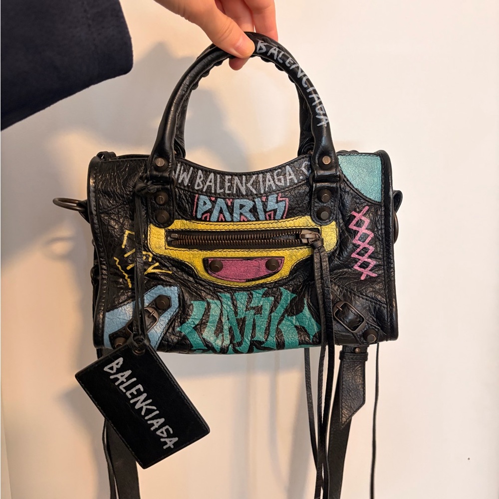 Balenciaga Black Leather Mini City Bag with Multicolor Graffiti - Picture 7 of 11